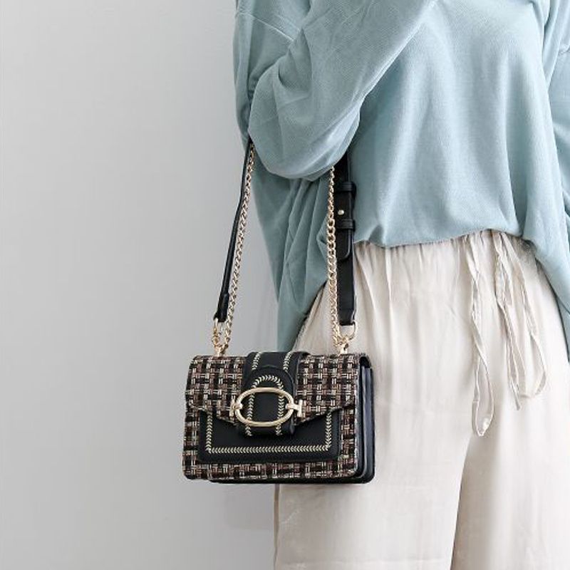 Mini Plaid Pattern Tweed Buckle Decor Shoulder Square Bag, Chain Crossbody Flap Purse For Everyday_voghion.com