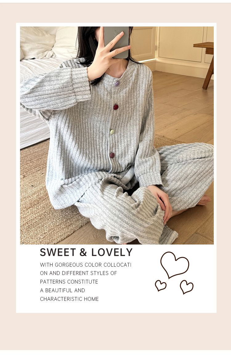 Pigiama in lana di pecora ChicShe per donna, cardigan con bottoni in colori caldi per autunno e inverno, manica lunga, dolce e semplice, casual, per la casa_voghion.com