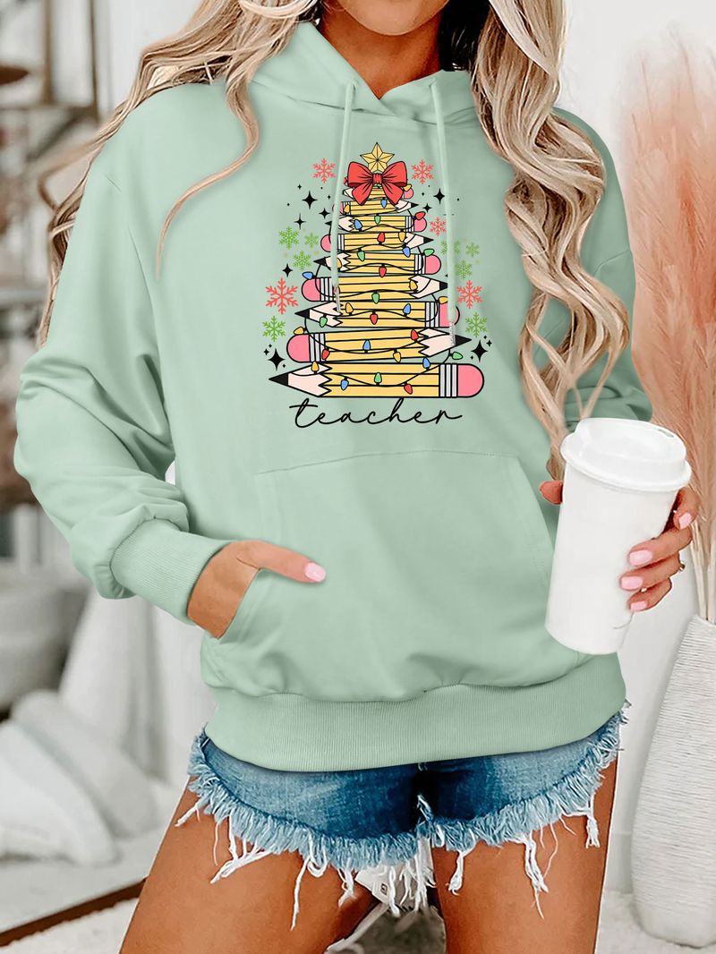 Autumn And Winter Loose Plus Size Fashion Teacher Pencil Light Bulb Women's Hooded Sweatshirt_voghion.com