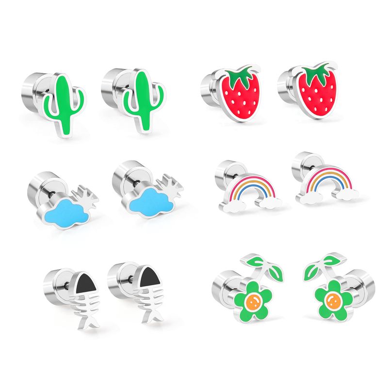 Orecchini a bottone in acciaio inossidabile con motivo a arcobaleno e frutta, dal design unico per le donne_voghion.com
