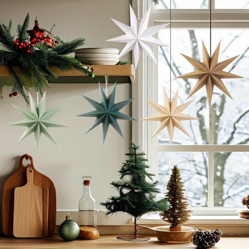 5pcsPaper Star Christmas Hanging Ornaments Xmas Tree Decor Colorful Party Decoration Christmas Eve New Year Room Home Decoration_voghion.com