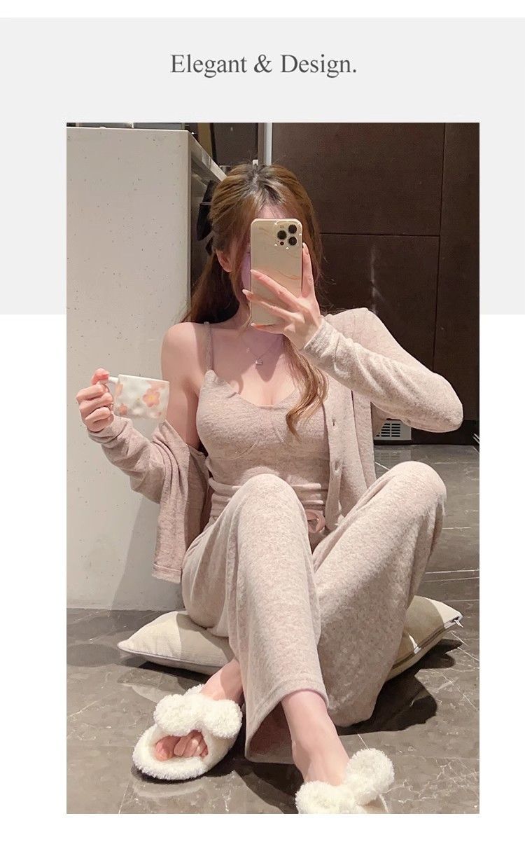 Sexy Pyjamas Für Frauen Frühling Und Herbst Langarm Drei-Stück Set 2025 Neue Mit Brust Pads Winter Homewear Gestrickte_voghion.com