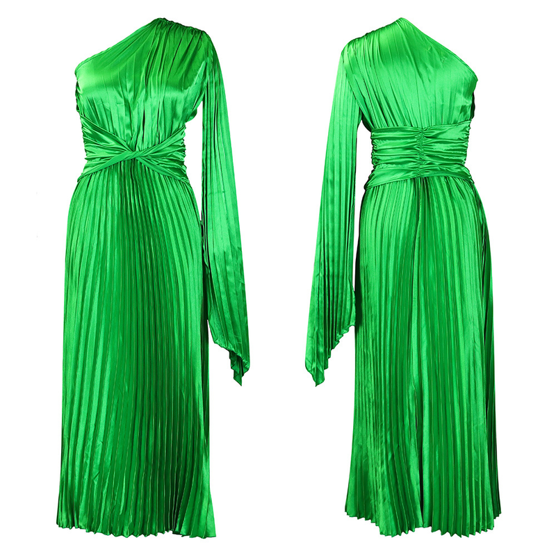 women's clothing new one-shoulder pleated long skirt oblique collar waist dress _voghion.com