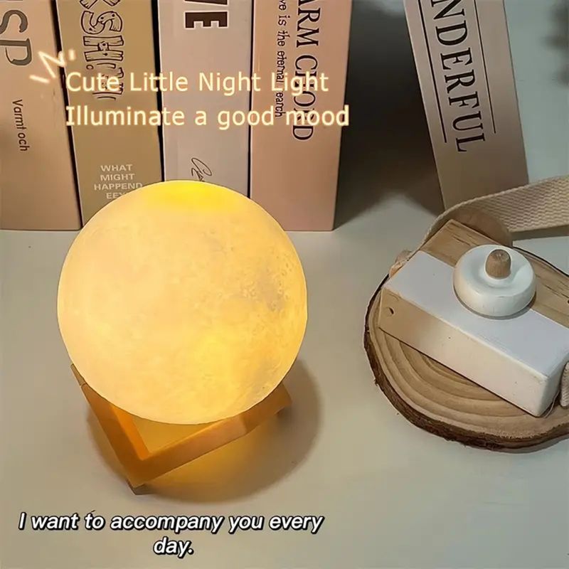 Moon Lamp With Bracket, Suitable As A Gift For Friends And Lovers, White Spherical Moon Lamp With Wooden Frame Base_voghion.com