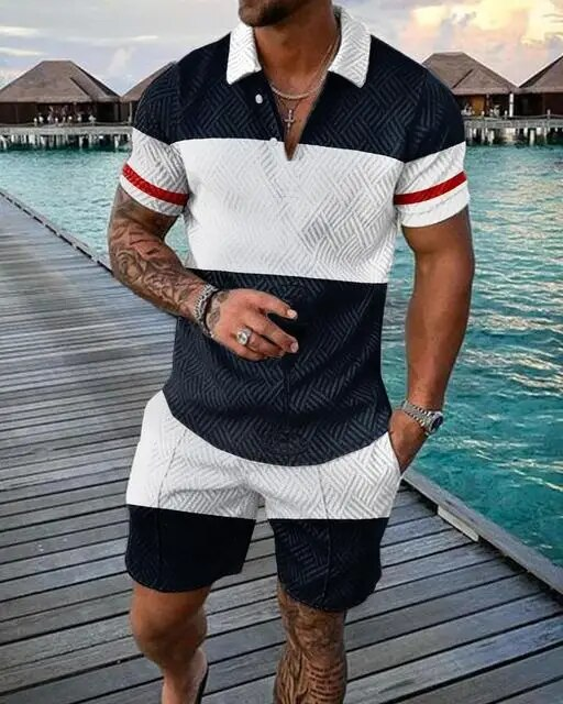 Survêtement d'été élégant pour hommes, ensemble Polo à manches courtes, col rabattu, fermeture éclair, vêtements 2 pièces, tenue décontractée_voghion.com