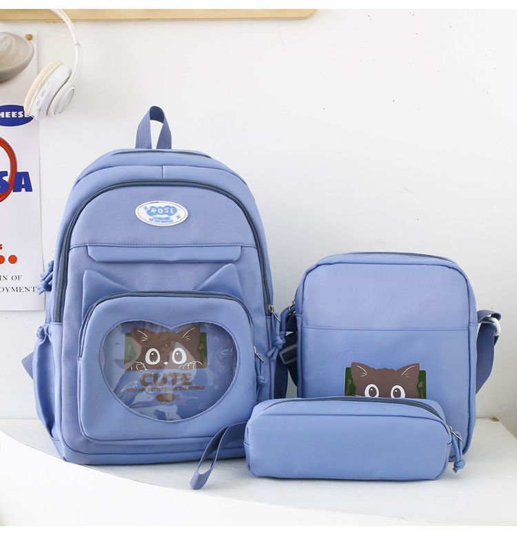 Set di zaini in nylon leggero per studenti delle scuole superiori - Spazioso zaino scolastico da 3 pezzi con spallacci ergonomici, stampa di un simpatico gatto_voghion.com