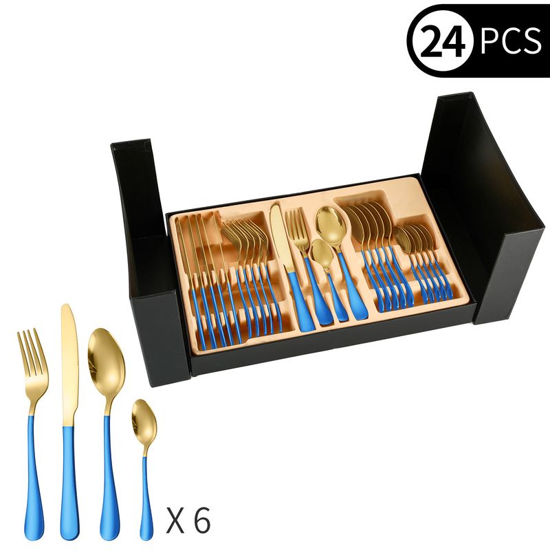 Edelstahl 1010 Geschirr 24-teiliges Set Western Geschirr 6 Personen Doppelseitige Craft Box Steak Messer Gabel und Löffel_voghion.com