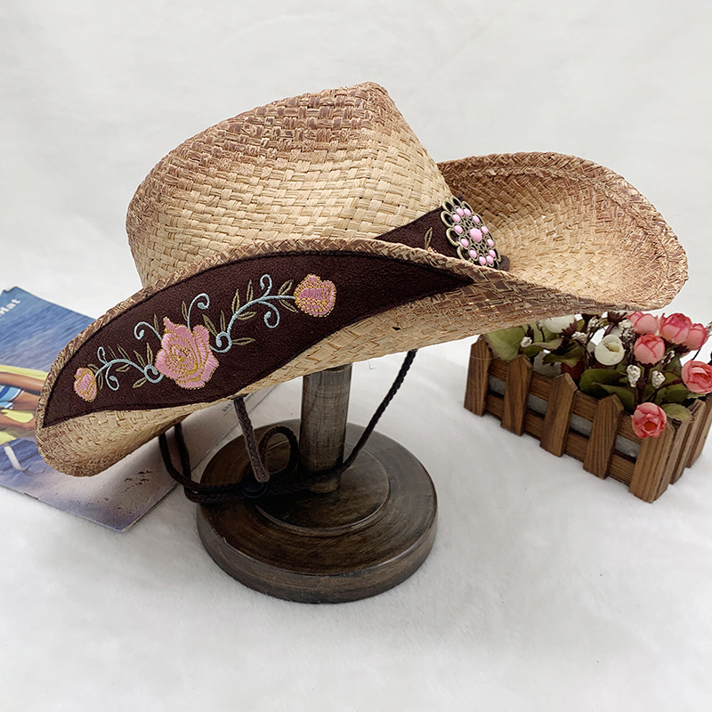 Handgewebter Cowboyhut aus Raffiagras mit Sonnenschutz und gerolltem Rand, bestickter Strohhut_voghion.com