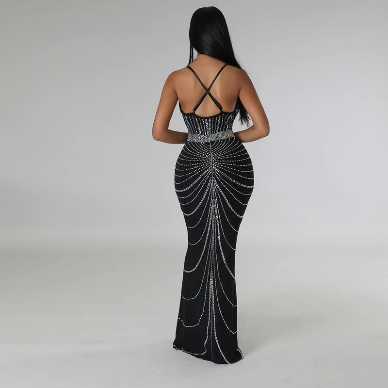 Abito sexy con scollo a V profondo e strass - Abito da sera glamour per donna_voghion.com