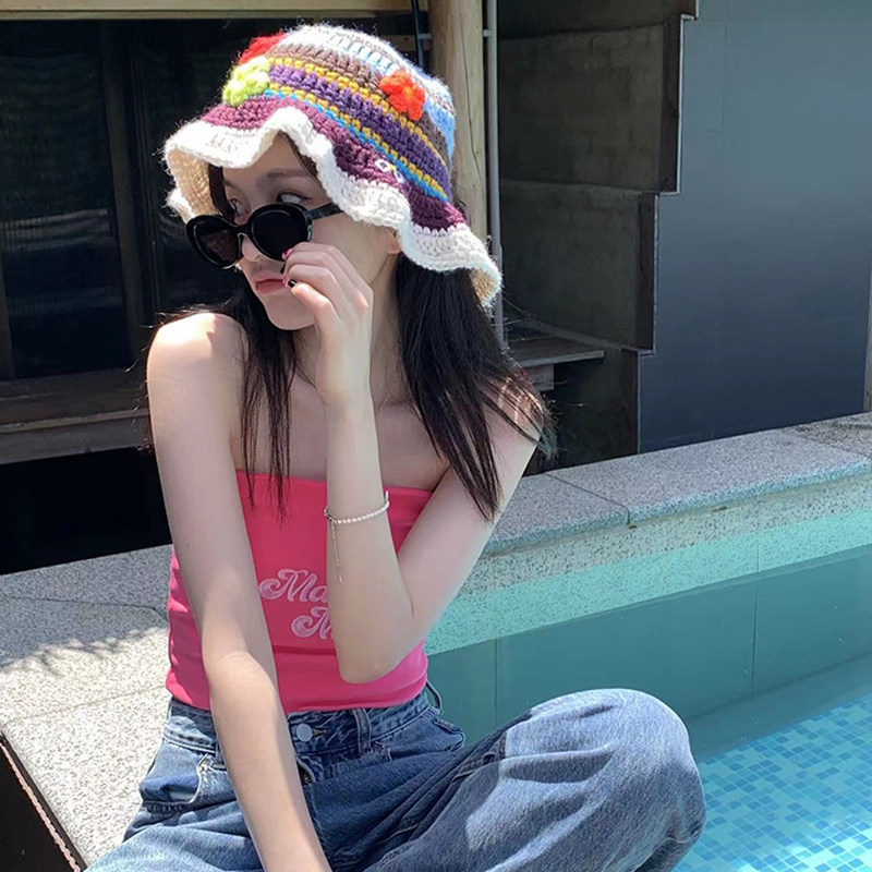 2023 Cappello da pescatore all'uncinetto a fiori Donna Primavera Estate Berretti fatti a mano in maglia INS Berretto panama con berretti carini coreani_voghion.com