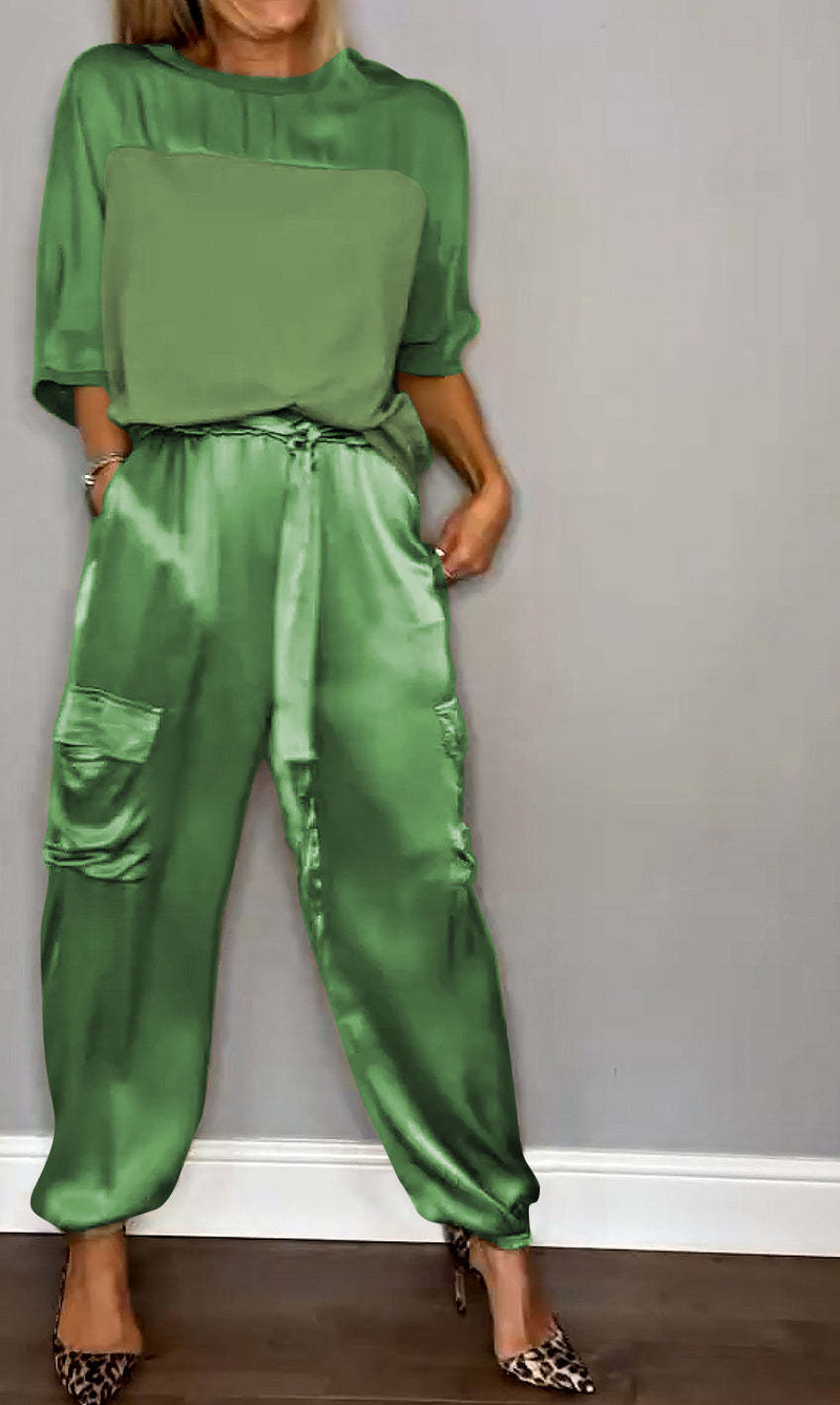 Set di due pezzi di pantaloni casual a maniche corte da donna in raso liscio 2024_voghion.com