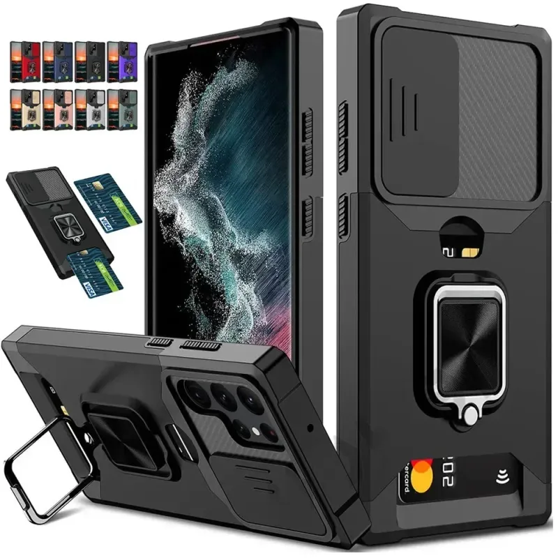 „Armor“ smūgiams atsparus dėklas „Samsung Galaxy S25 Ultra Plus S24FE A16 A06 A55“ žiediniam stovui, slankiojančiam fotoaparato objektyvui, kortelės slankiklio piniginės dėklui_voghion.com