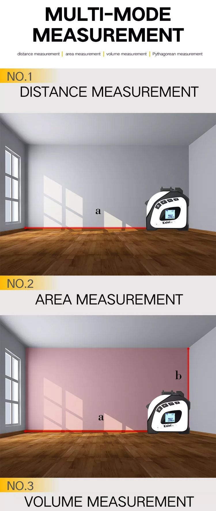 3-in-1 Laser Tape Measure – High-Precision Digital Measuring Tool With Cross-Line Laser & Auto-Calculation (Backlit LCD, IP54 Dustproof)_voghion.com
