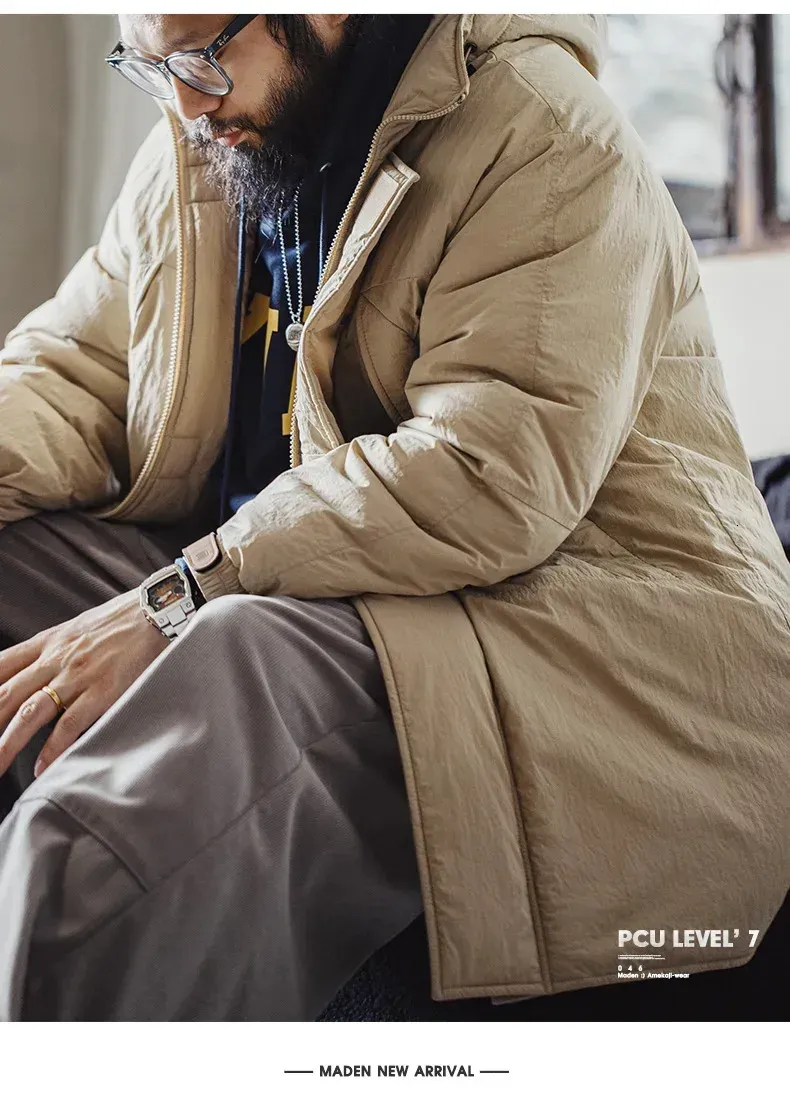 Maden Vintage, giacca imbottita in cotone di media lunghezza, con cappuccio color cachi, giacca da uomo in PCU Level7, classico parka invernale caldo_voghion.com