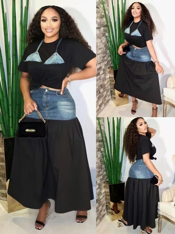 Traje de dos piezas con falda vaquera y camiseta de color contrastante para mujer_voghion.com