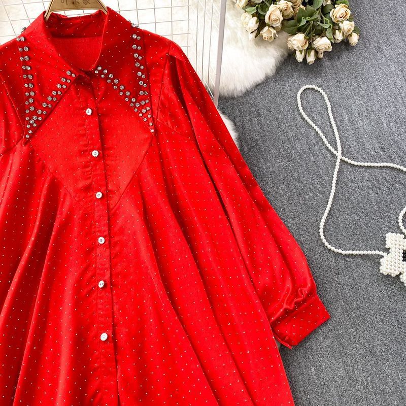 Maglietta monopetto ampia di media lunghezza con borchie, a maniche lunghe, leggera e di alta qualità, da donna, top casual da donna_voghion.com