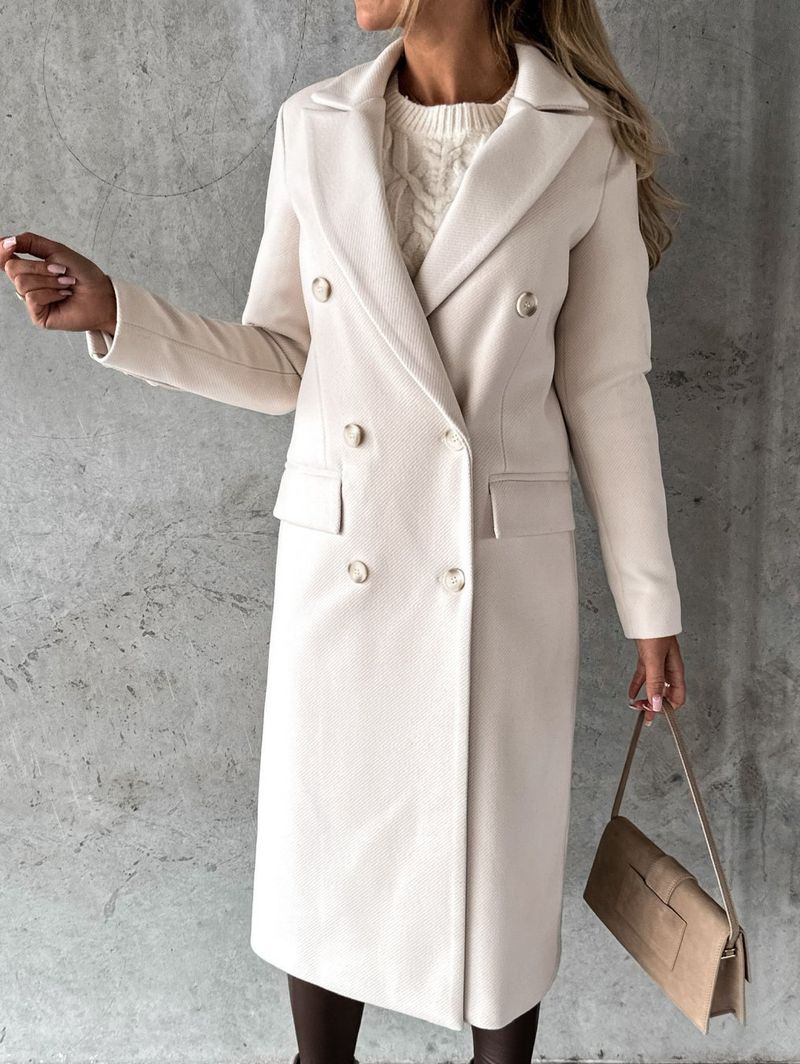 Women's Long Sleeve Double Breasted Wool Blend Trench Coat - Autumn Winter Casual Overcoat With Pockets, Straight Cut, Plus Size Available_voghion.com