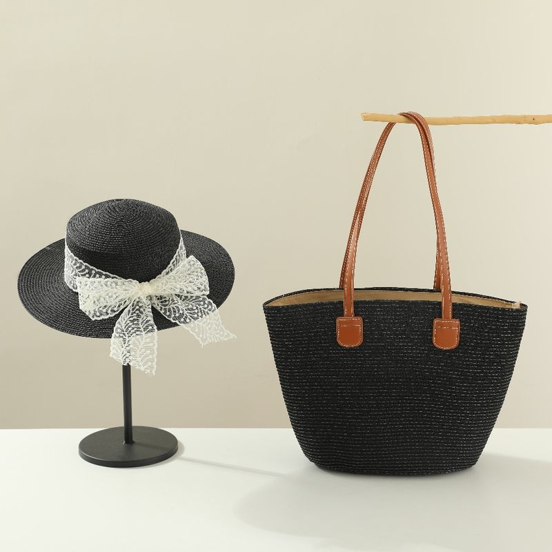 Bolsas femininas Chapéu Bolsa de ombro Estilo terno feminino Bolsa de combinação completa Laço de renda Chapéu de palha plano para viagens de verão Proteção solar_voghion.com