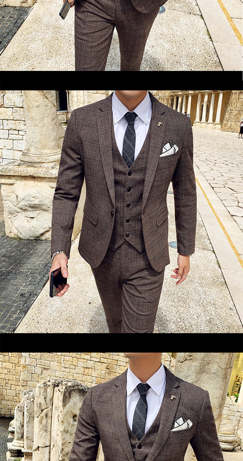 Men's Three-piece Suit Korean Style British Slim Plaid Wedding Casual Three-piece Suit_voghion.com