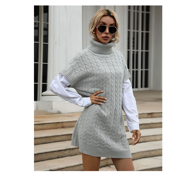 Solid Color Twisted Knitted Long Vest-type Turtleneck Sweater Dresses_voghion.com