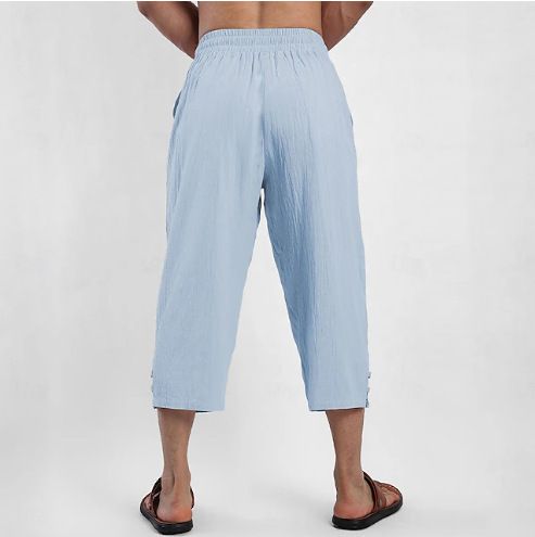 Pantaloni da uomo in cotone e lino, estivi, casual, da spiaggia, con coulisse in vita, elastici, comodi e traspiranti, a gamba dritta_voghion.com