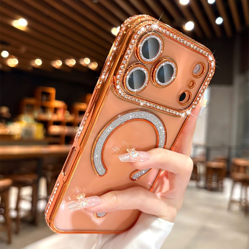 NEW Orange Luxury Sparkle Diamond Transparent Magnetic Case For IPhone 17 16 15 14 13 ProMax 17Air Full Lens Coverage Soft Cover_voghion.com