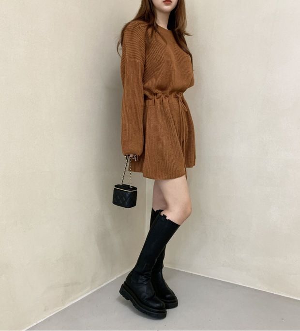 2024 Korean Chic Autumn Round Neck Drawstring Strap Waist Long Sleeve Knitted Wide Leg jumpsuit Shorts for Women_voghion.com