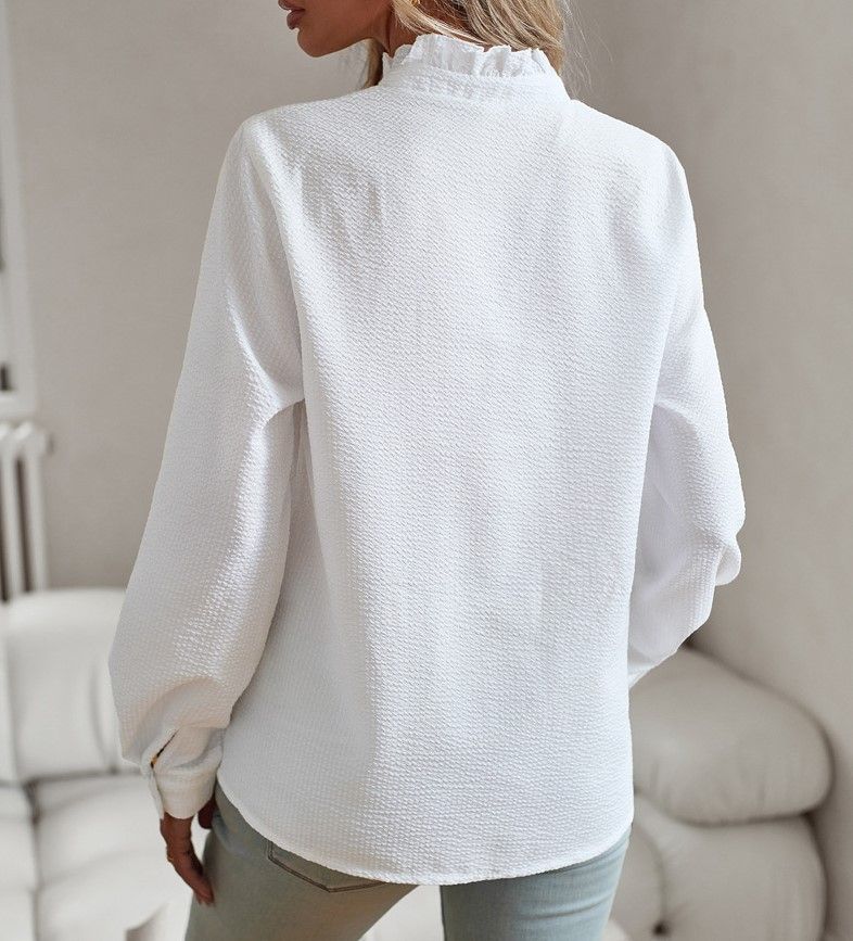 Elegante camicetta autunnale da donna con orlo a peplo e maniche a palloncino – Camicia in poliestere a maniche lunghe, stampa a righe/quadri, stile casual chic da ufficio (S/M/L/XL)_voghion.com