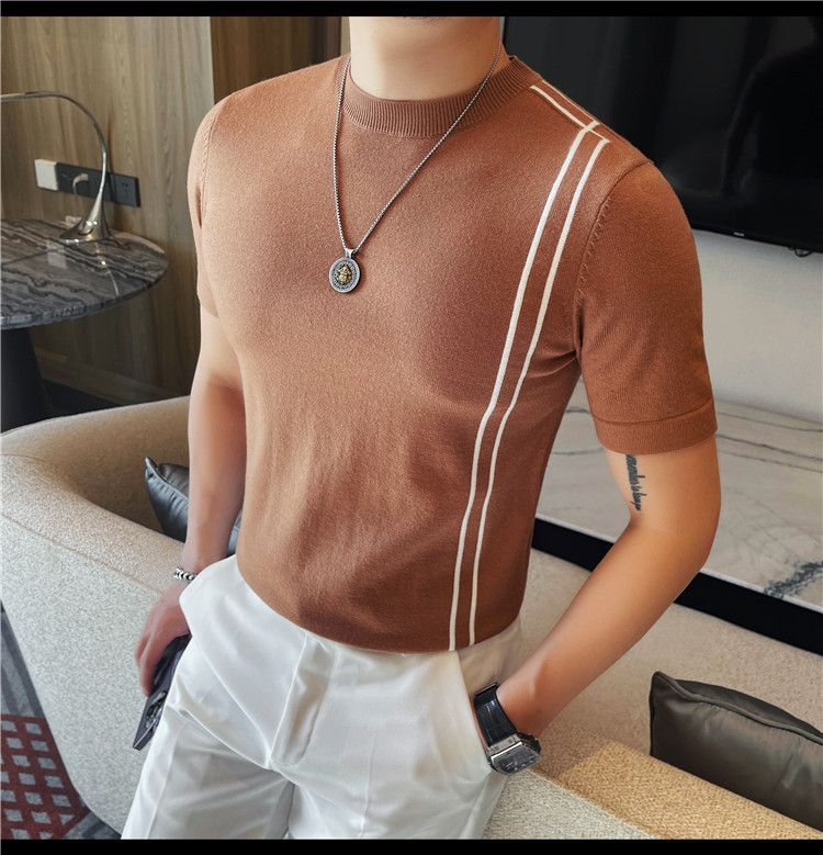 Summer New Products Men's Thick Short Sleeve T-Shirt Threaded Neckline Short Sleeve Knitted Sweater Slim Fit Elastic Bottom Sweater Undershirt_voghion.com