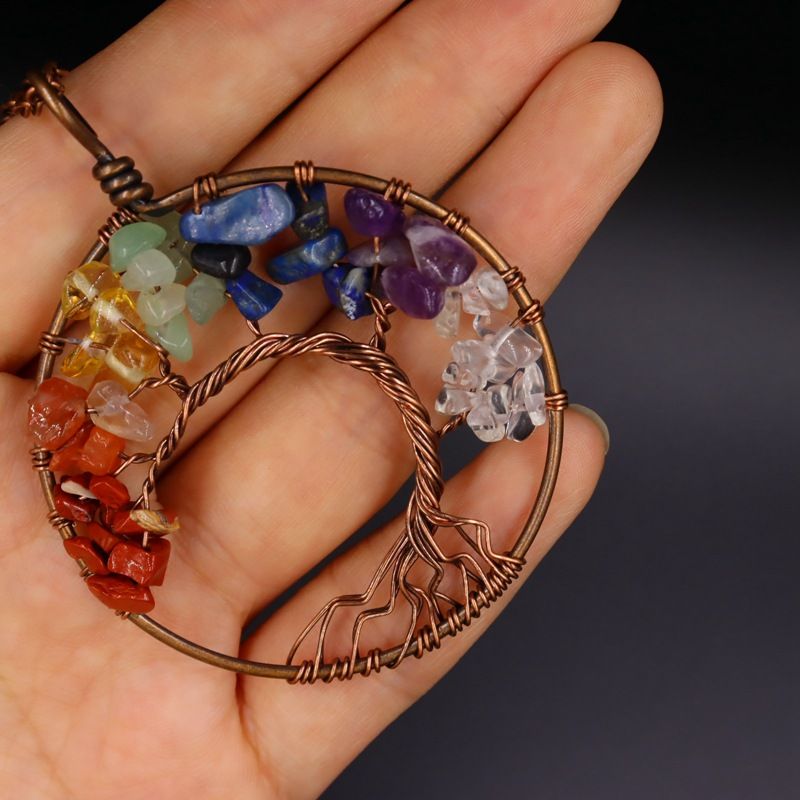 Handmade Tree Of Life Necklace - 7-Color Aura Crystal Gravel & Natural Stone Pendant_voghion.com