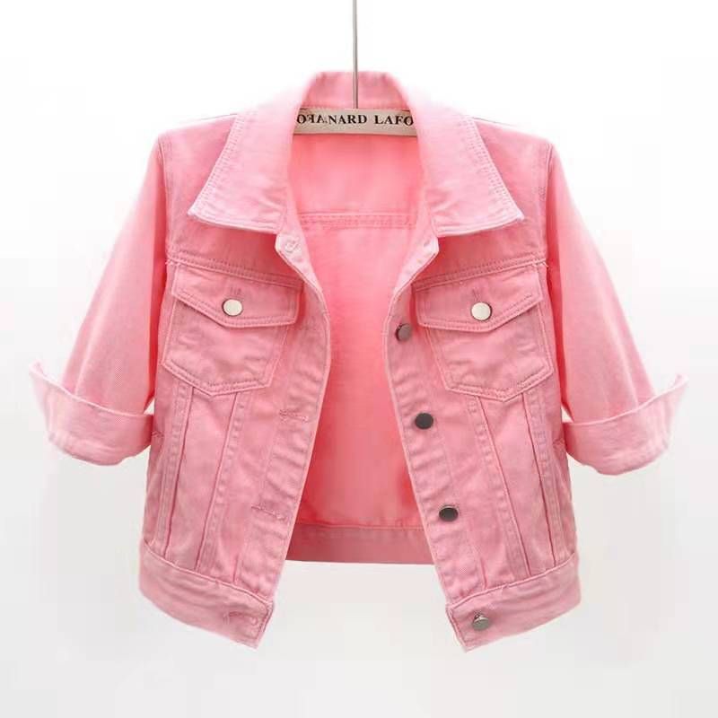Spring and summer Korean style slim color mid-sleeve denim jacket women's short three-quarter sleeve jacket waistcoat small shawl top_voghion.com