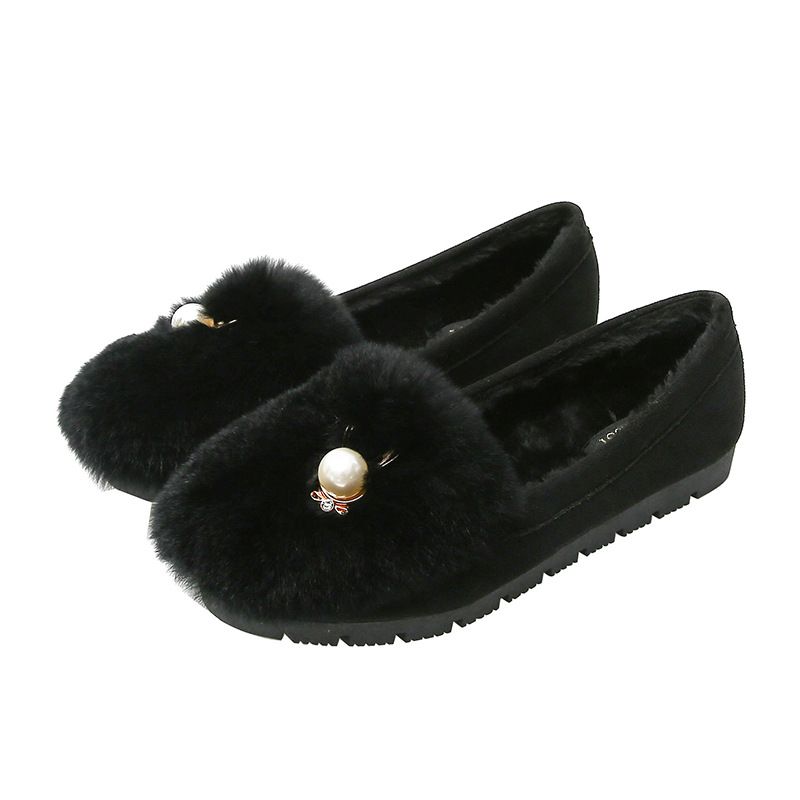T26 Huidong Yixin Da Rabbit Fur Loafer For Women, Round Toe, Fleece-Lined, Warm, Maternity Shoe, Soft Sole, Furry_voghion.com