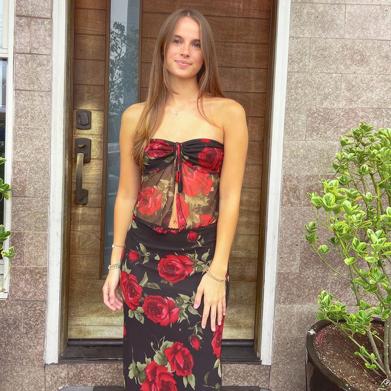 Women's Clothing Fashion Mesh Printed Tube Top Skirt Suit Summer New Slim Fit_voghion.com