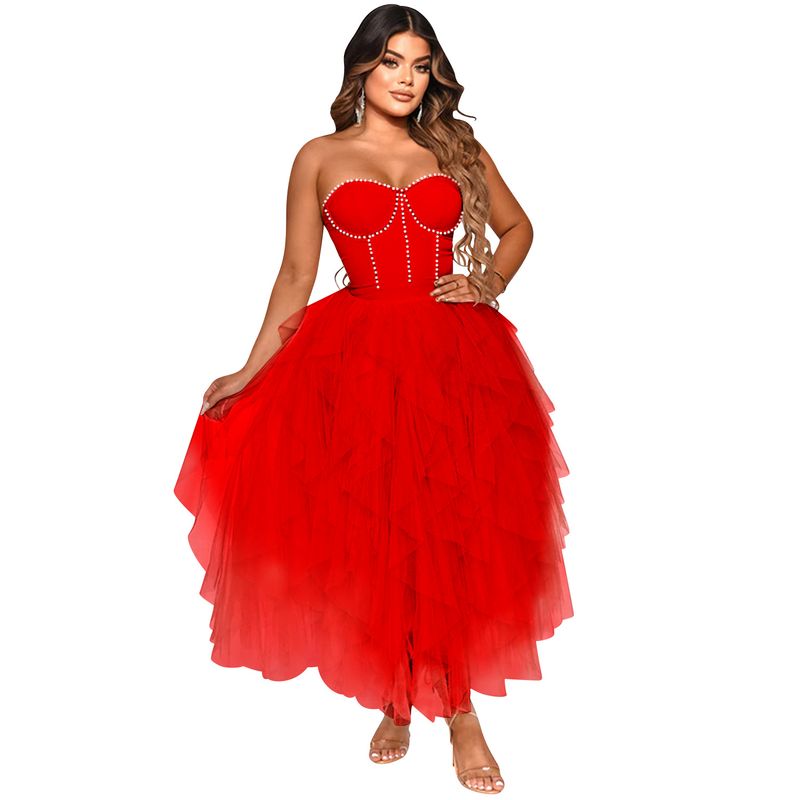 Îmbrăcăminte pentru femei, culoare solidă, fierbinte, cu diamant, tub, top, pufos, plasă, rochie, îmbrăcăminte pentru femei_voghion.com