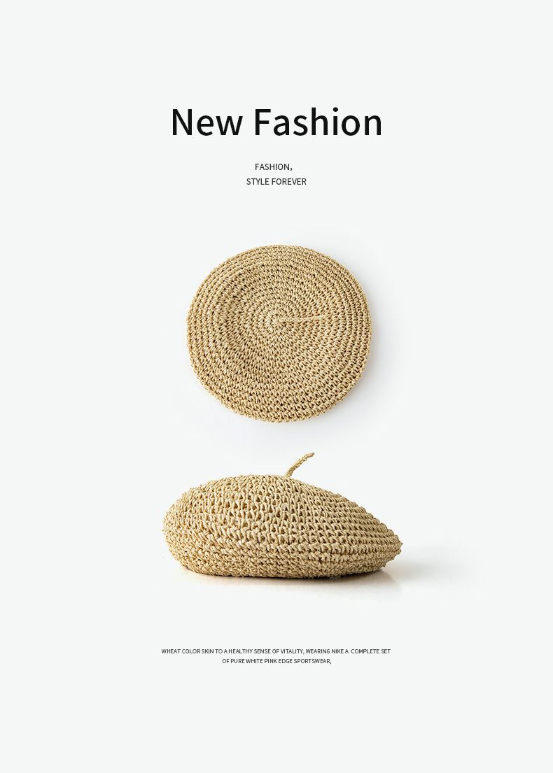 Französische Retro-Baskenmütze aus Grasgewebe für Damen, Internet-Berühmtheit, gleicher Stil, künstlerischer Malerhut, atmungsaktiver Strohhut für Damen im Sommer_voghion.com