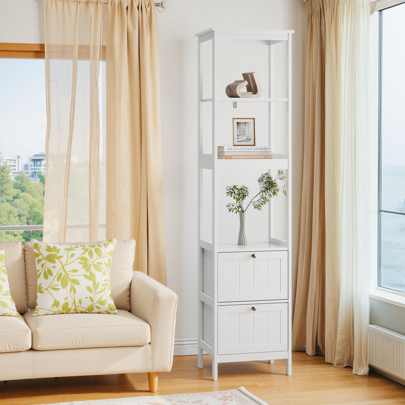 Schmaler Wäscheturm Aus Holz, Freistehender Schrank Mit 2 Schubladen, 40x30x160 Cm, Bianco_voghion.com