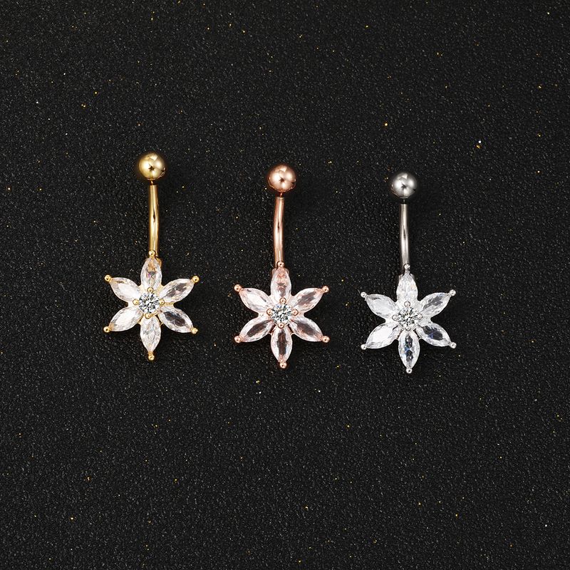 Anello per ombelico a forma di fiocco di neve con fiore portafortuna - Gioiello per piercing con diamanti (ipoallergenico, design alla moda)_voghion.com