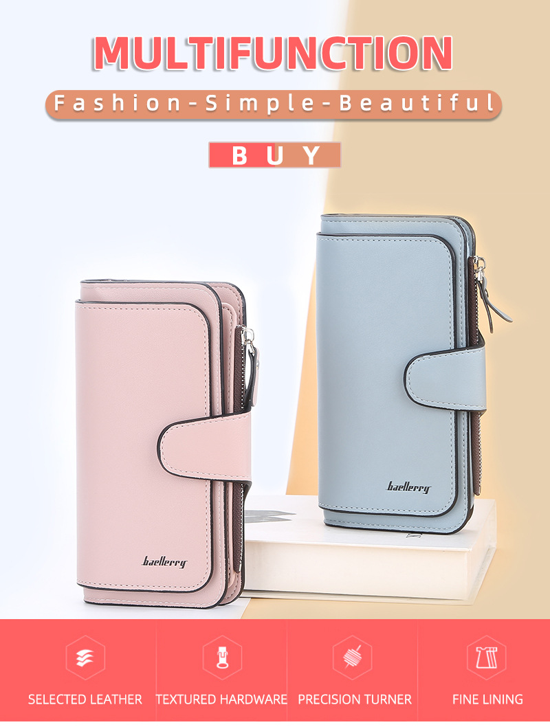 BAELLERRY New Women's Long Wallet Zip Buckle Multi Card Position Tri-fold Coin Purse Large Capacity Clutch Bag_voghion.com