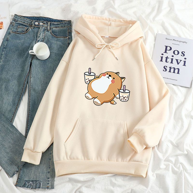 2021 Herbst Winter Neue Lose Damenbekleidung Ästhetische Darstellung Shiba Inu Trinkmilchtee Kapuzenpullover_voghion.com