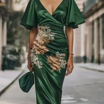 Abito plissettato stampato con scollo a V da donna 2025, verde_voghion.com