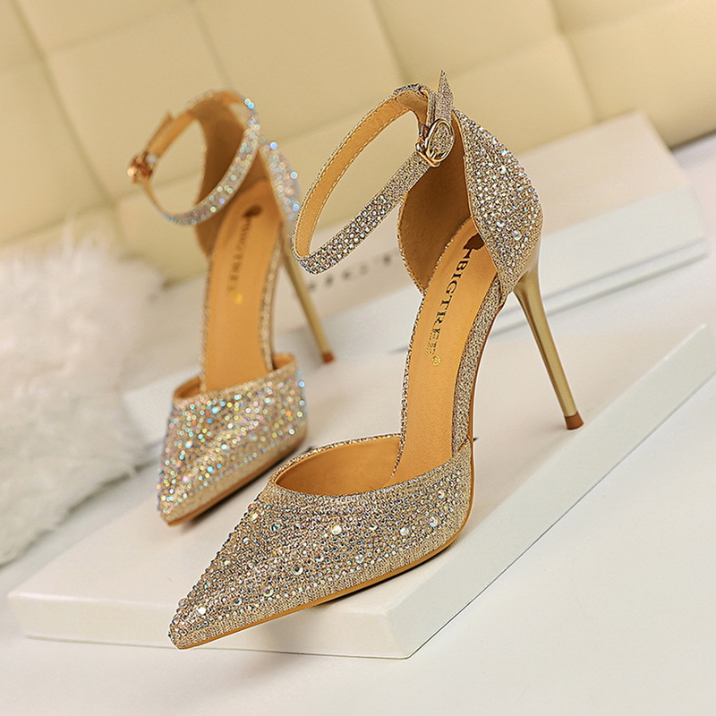 The Correct 1 Brand Best Korean Sweet 283-16 Style Heels Thin High Heel Shallow Mouth Pointed Toe Hollow Strap Shiny Rhinestone Women's Sand_voghion.com