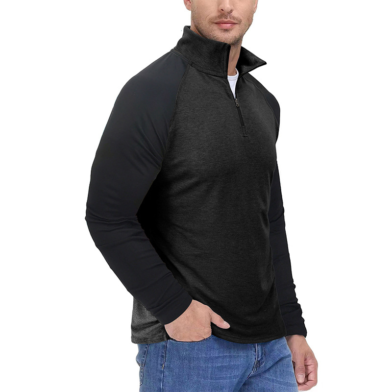 long sleeved zippered high neck sweatshirt Men's pullover color matching standing collar outdoor sweater_voghion.com