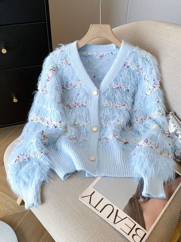 Pull tricoté pour femme, veste en tricot imitation vison moelleux, cardigan surdimensionné à col en V ouvert sur le devant, fil doux et confortable avec pois colorés_voghion.com