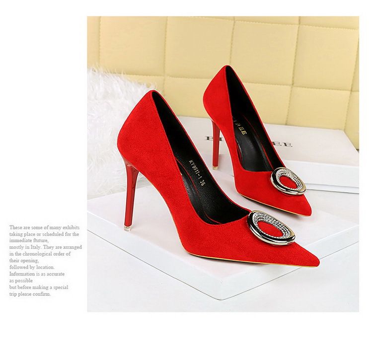 Sapatos femininos de banquete pedicure salto fino super alto camurça boca rasa pontudo metal strass fivela sapatos únicos salto alto_voghion.com