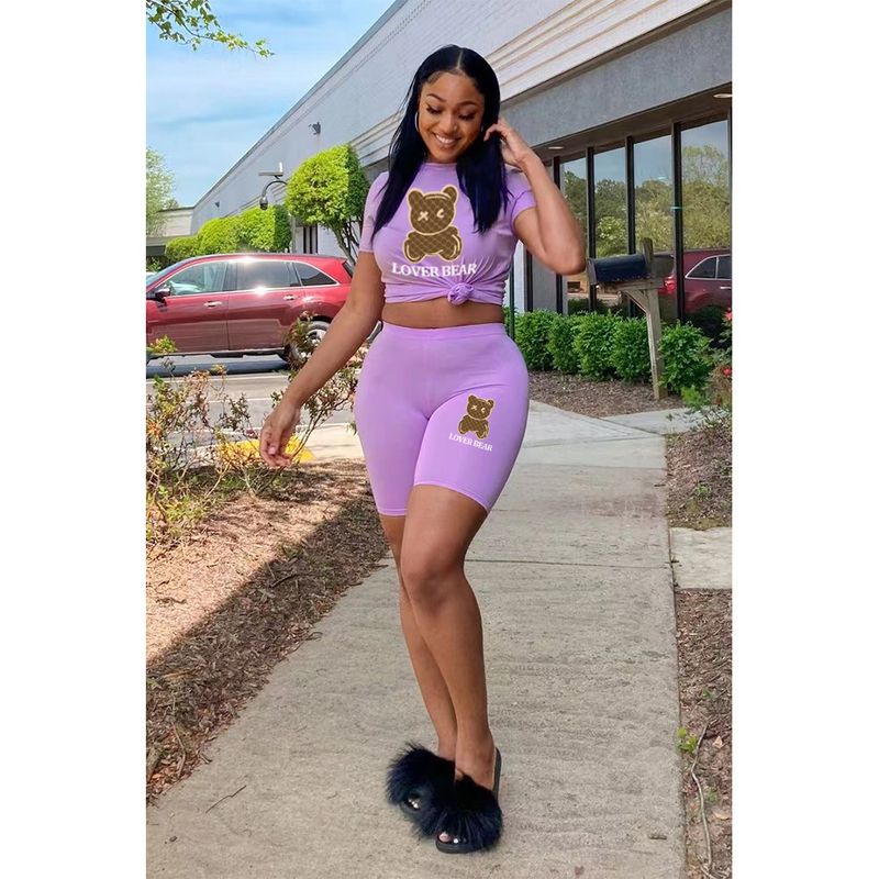 Damen-Trainingsanzug mit T-Shirt-Shorts und Bären-Print_voghion.com