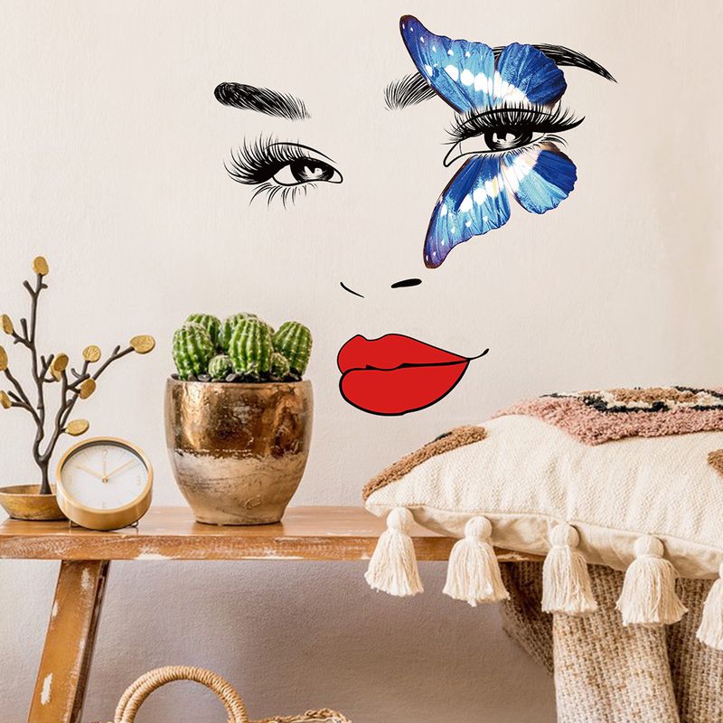 Women's PVC Matte JS-N Red Lips Eyes Butterfly Background Room Self Adhesive Wall Stickers_voghion.com