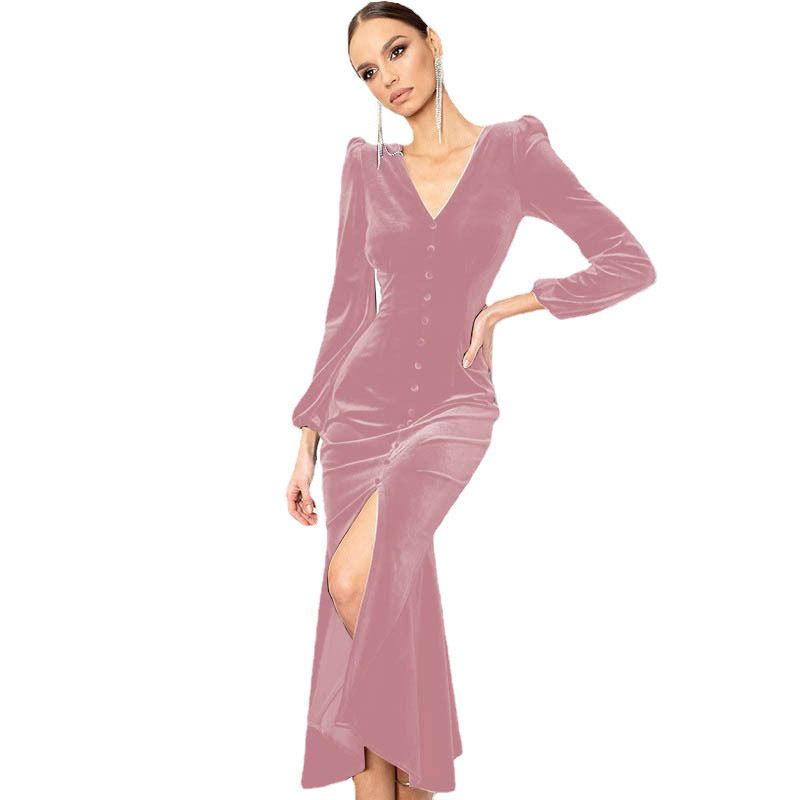 2022 Inverno Lavorato A Maglia Con Scollo A V Spalla Pad Abito A Maniche Lunghe Autunno Vestito delle Donne Temperamento Intellettuale Vestito Gonna Lunga_voghion.com