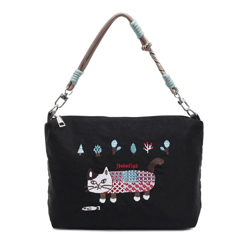 Borsa a tracolla impermeabile con ricamo a forma di gatto, grande capacità, in nylon, per la spesa, primavera ed estate, per donna_voghion.com