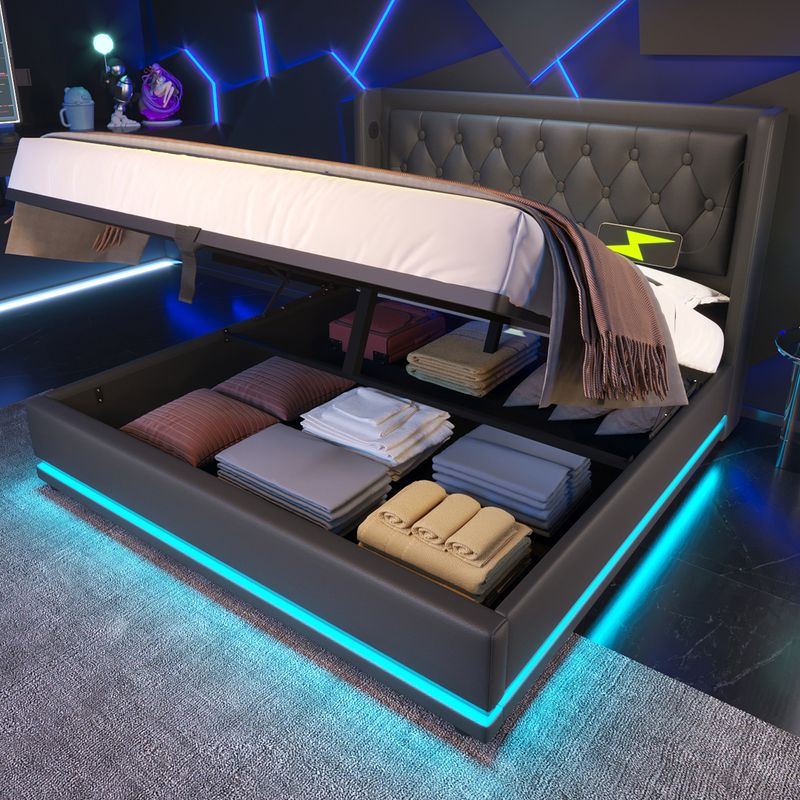 Lit double 160 x 200 cm, matelas en polyuréthane noir, lit coffre hydraulique avec chargement USB Type-C et éclairage LED sur 3 côtés, tête de lit rembourrée (matelas inclus)._voghion.com