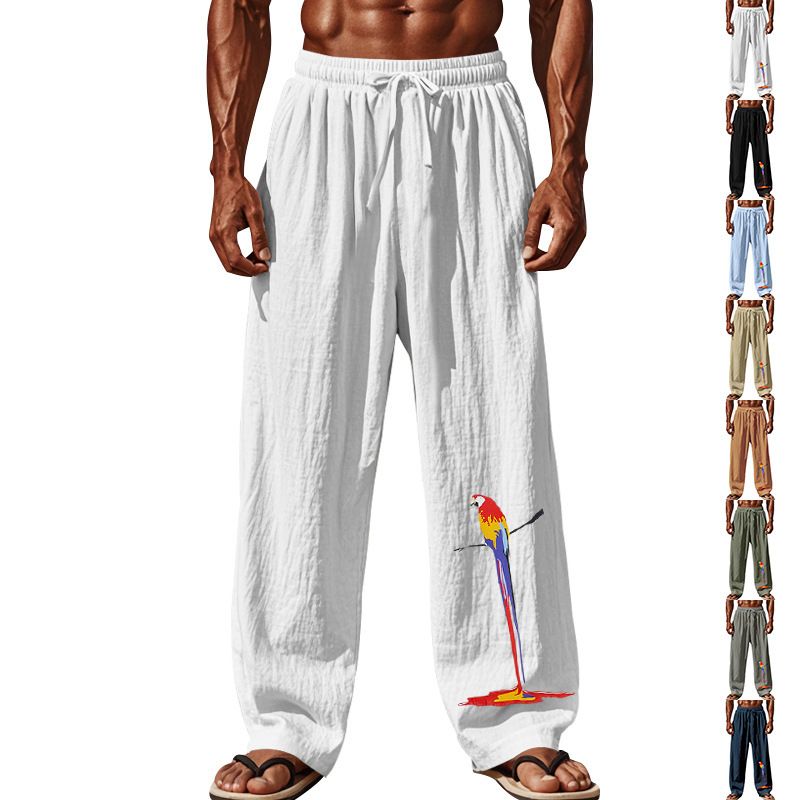 Premium Products Herbst Herren Papageiendruck Atmungsaktive Baumwolle Leinen Lose Freizeit Sporthose_voghion.com
